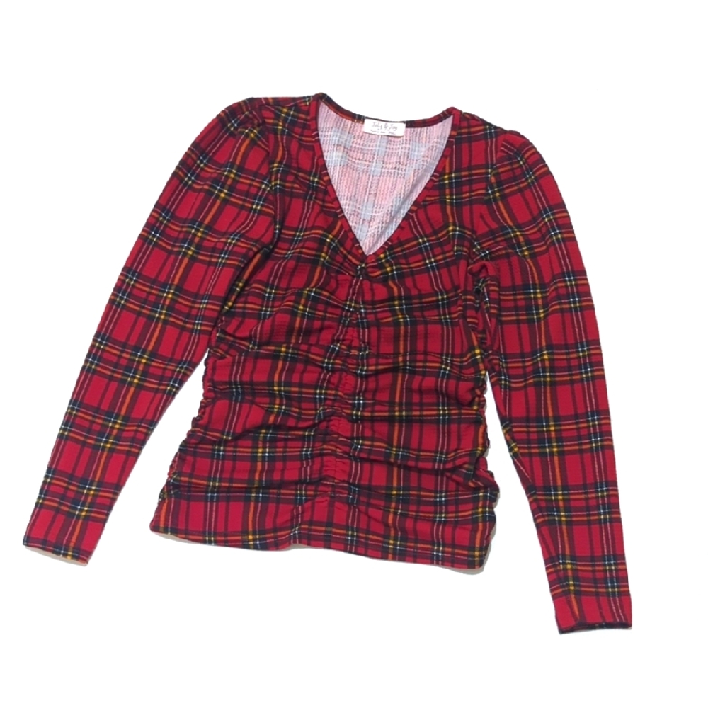 Jolie & Joy | Long Sleeve Rutched Top | Plaid | Tartan | Grunge | Edgy | Chic